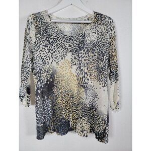 Nic+ Zoe Womens Linen Blend Animal Print 3/4 Sleeve Knit Top Medium Pullover